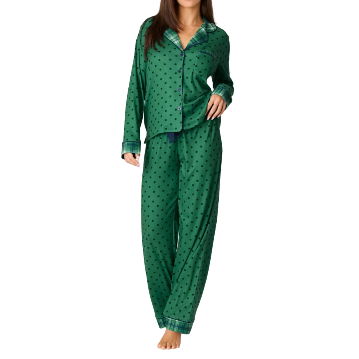 RZPYST1-pj-salvage-plaid-about-you-polka-dots-plaid-pajama-set-blue-green-front