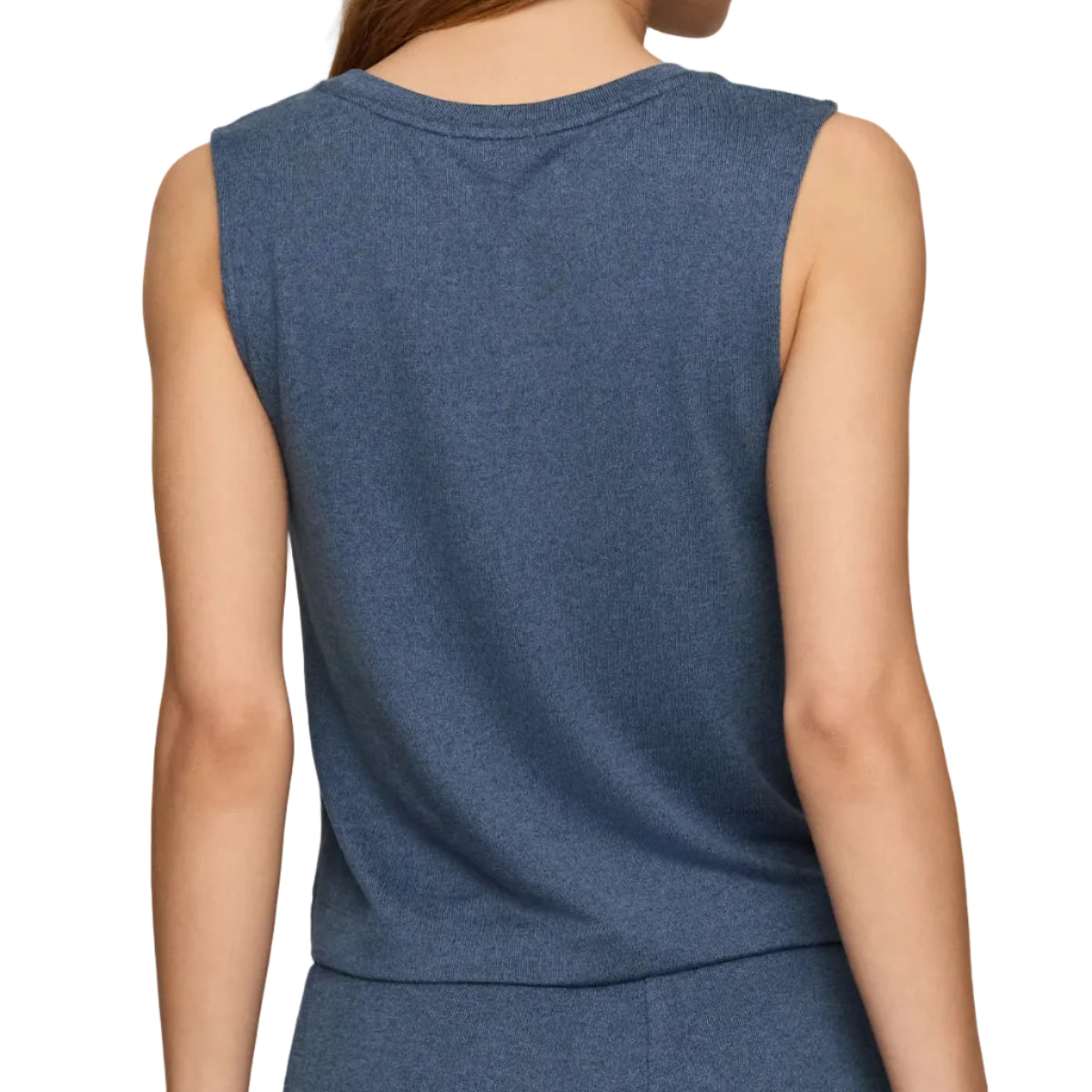 A woman shown from the back wearing a heathered slate blue sleeveless top and matching pants 