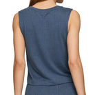 A woman shown from the back wearing a heathered slate blue sleeveless top and matching pants 