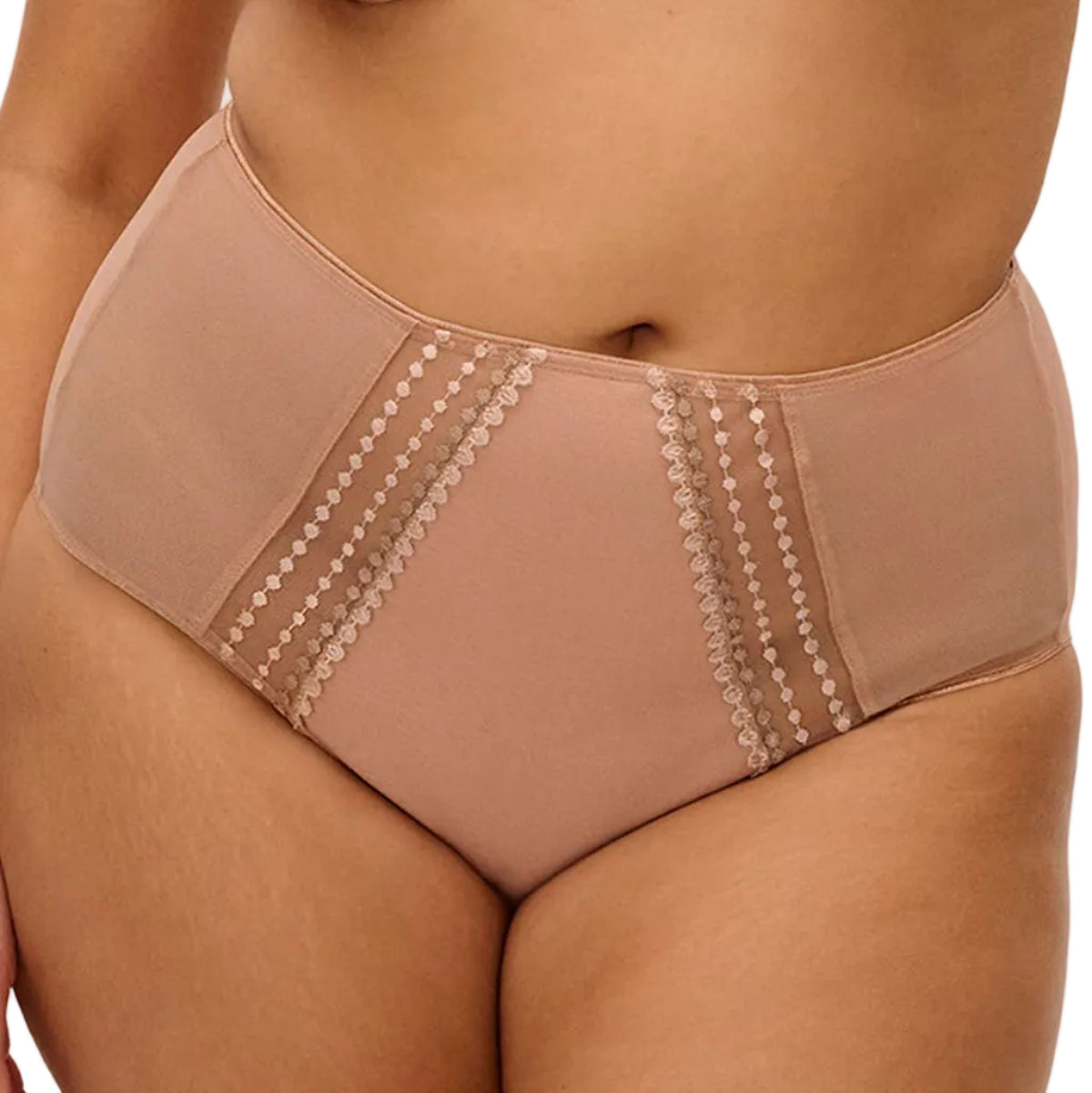 High-waisted beige underwear with lace details on a beige background