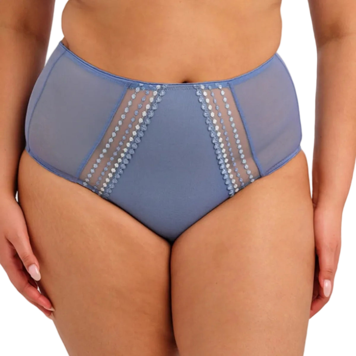 Blue high-waisted bikini bottom with mesh panels on a white background