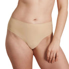Beige high-waisted bikini bottom on a neutral background
