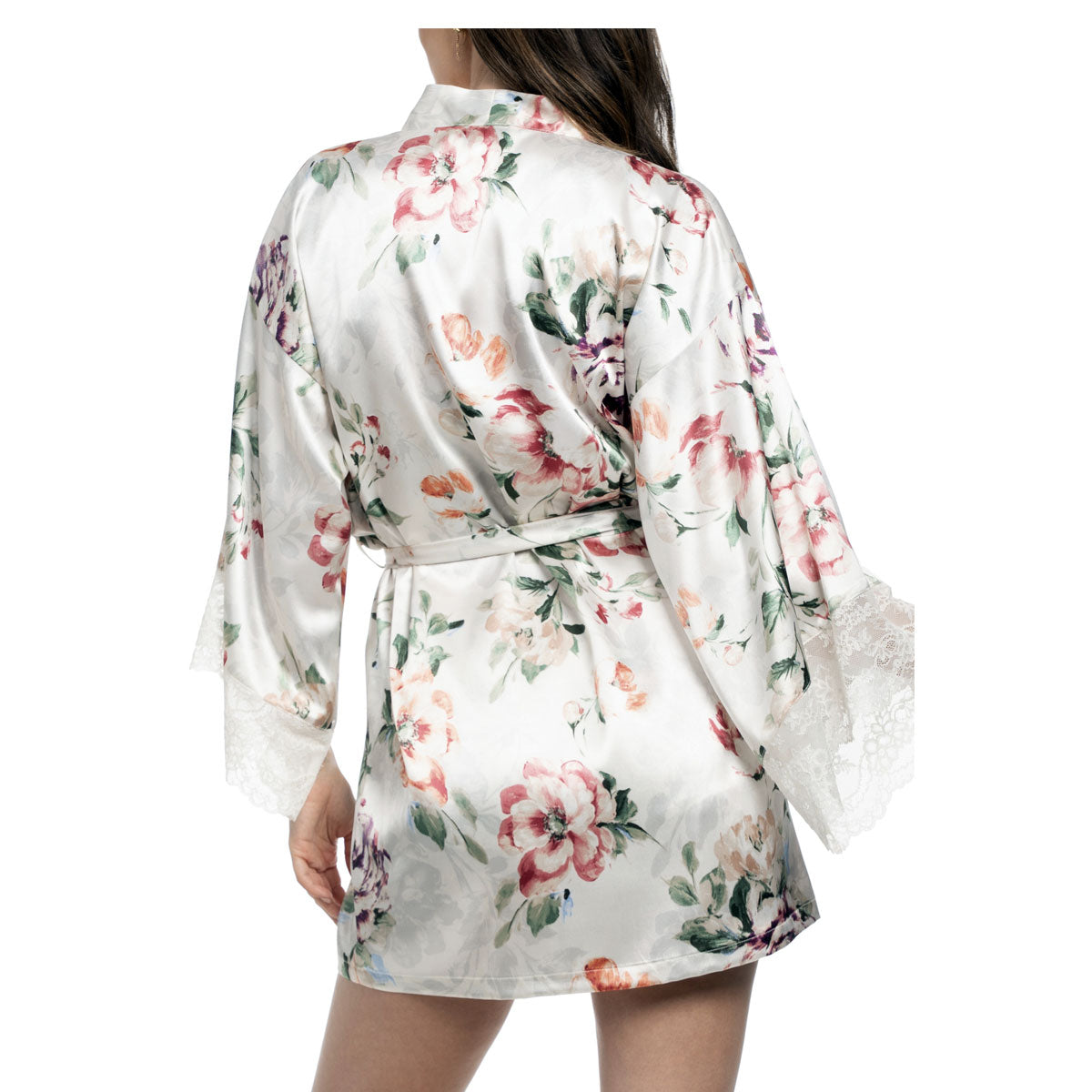 In Bloom by Jonquil Tatiana Lace Trim Satin Wrap in Stone White Back View