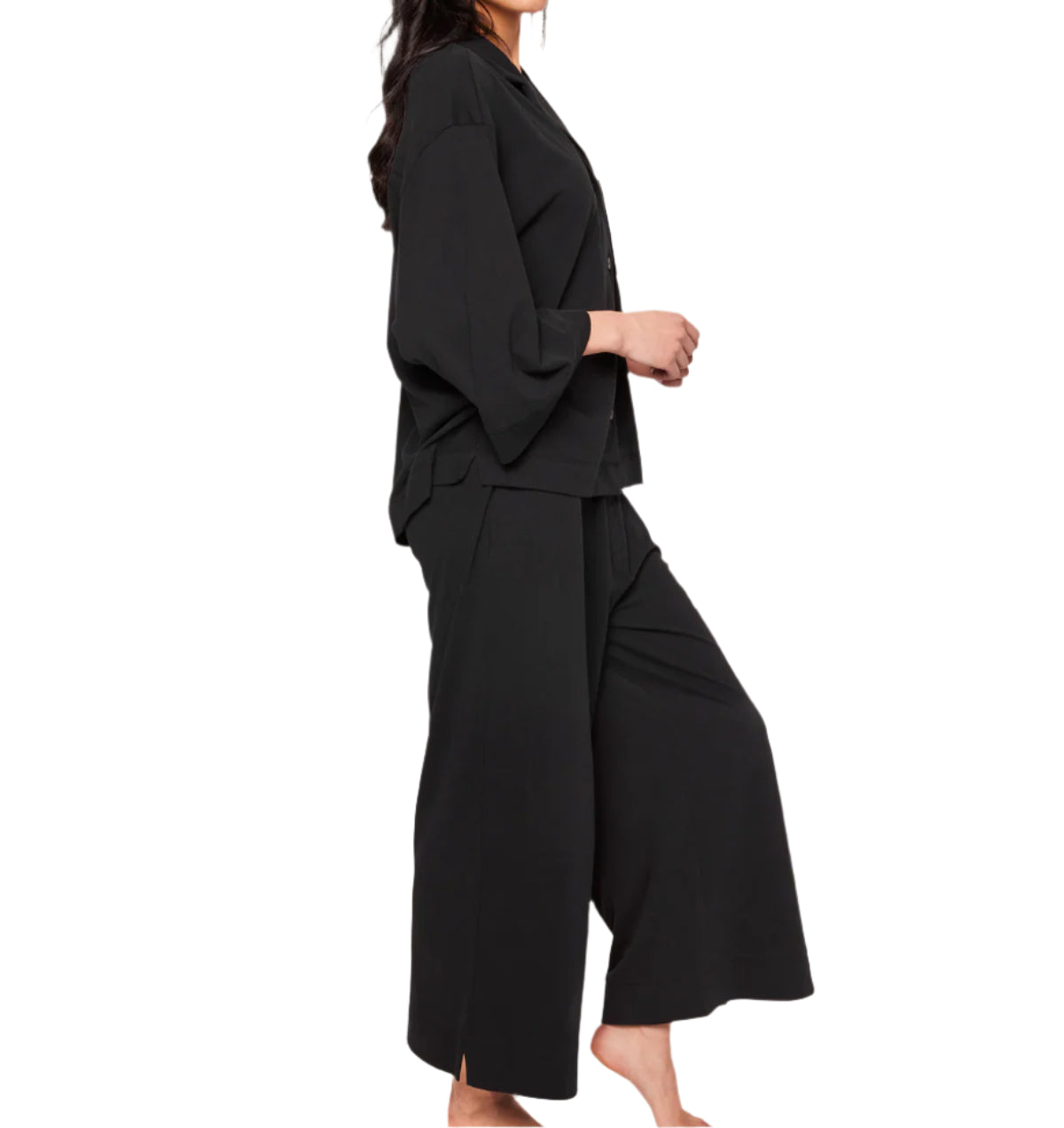Petite Plume The Olivia Pima Cotton Wide Leg Pajama Pant Set in Black Side View
