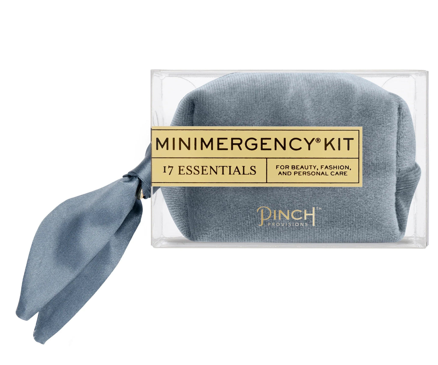 Minimergency kit with blue bandana and 'Pinch' branding on a white background