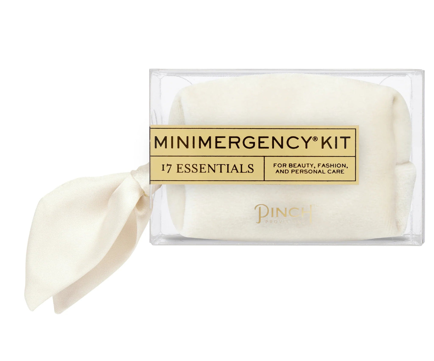 Minimergency Kit with 17 essentials for beauty, fashion, and personal care on a white background