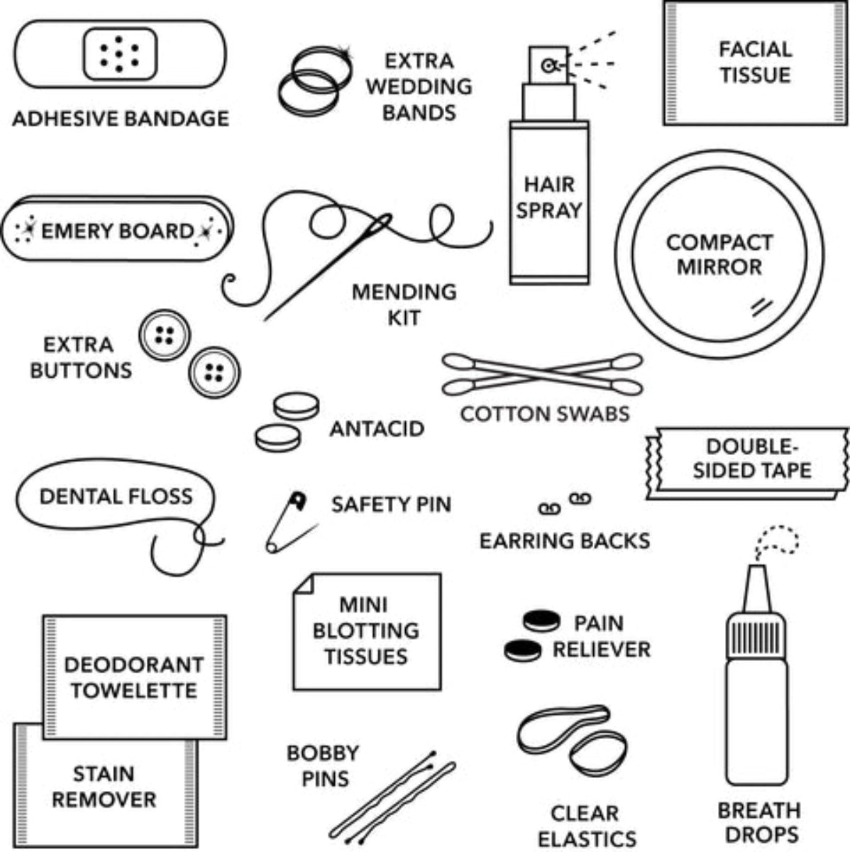 A black and white line art illustration sheet showing various first aid and emergency preparedness items with their names labeled, including adhesive bandage, extra wedding bands, facial tissue, emery board, hair spray, compact mirror, cotton swabs, dental floss, safety pin, earring backs, pain reliever, deodorant towelette, stain remover, mini blotting tissues, bobby pins, clear elastics, and breath drops.