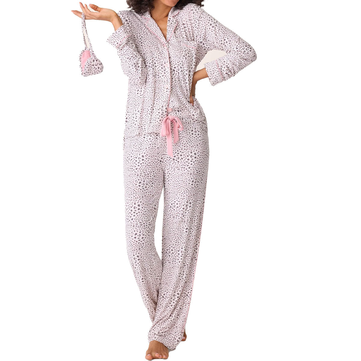 P.J. Salvage Modal Dreams 3 Piece Pajama Set in Stone Leopard Print Front View
