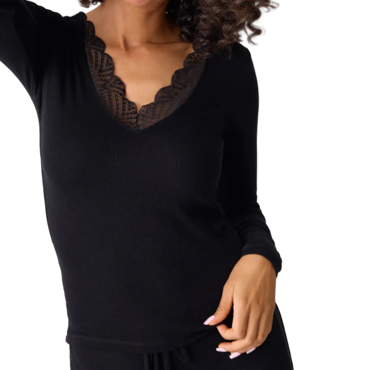 P.J. Salvage Lacey Basics Long Sleeve Lounge Top in Black Close Up View