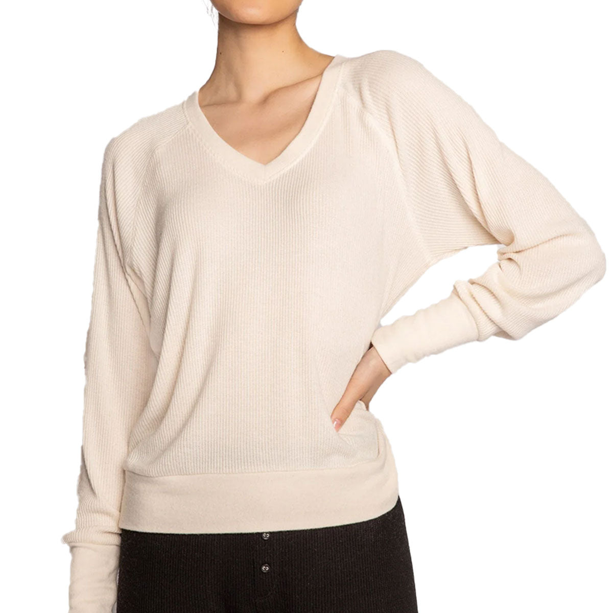 P.J. Salvage Textured Essentials Long Sleeve Top in Stone Ivory Front View