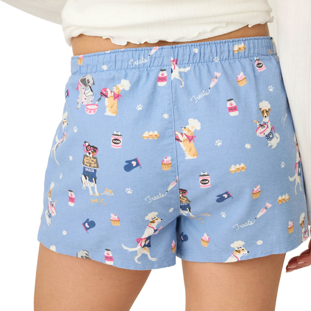 P.J. Salvage Baked Woof Love Flannel Shorts in Denim Blue Rear View