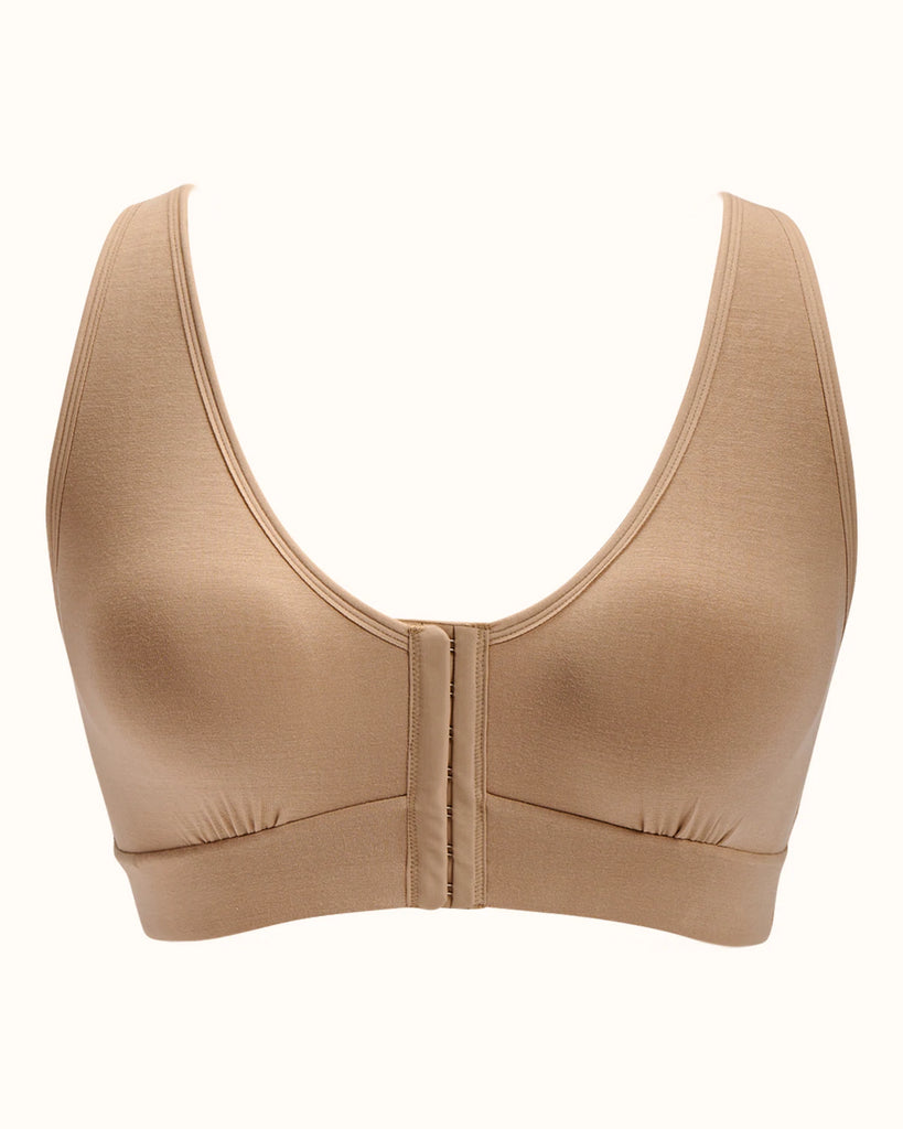 Voted best post mastectomy bra by InStyle Magazine. Front closure design combines softness, adjustability and style. Ideal during recovery and beyond. Easy for post-surgery dressing. Wide back for support through the back and underarms. One of our most popular breast cancer radiation bras..Flat.