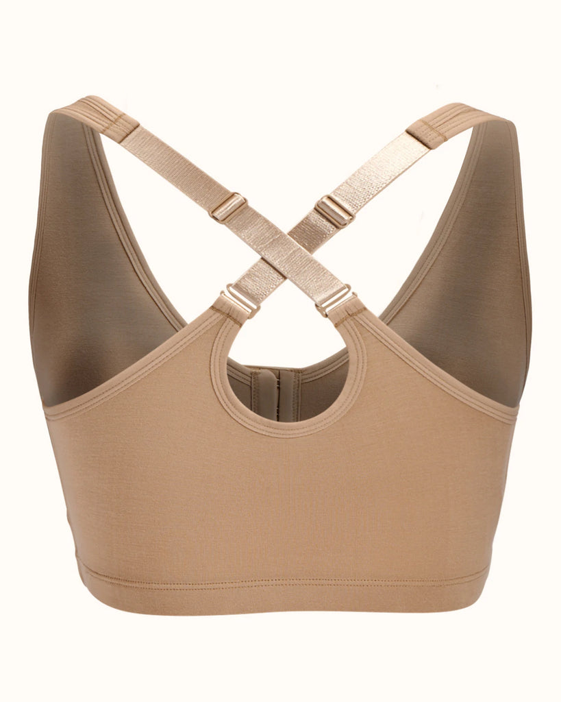 Voted best post mastectomy bra by InStyle Magazine. Front closure design combines softness, adjustability and style. Ideal during recovery and beyond. Easy for post-surgery dressing. Wide back for support through the back and underarms. One of our most popular breast cancer radiation bras..Back.