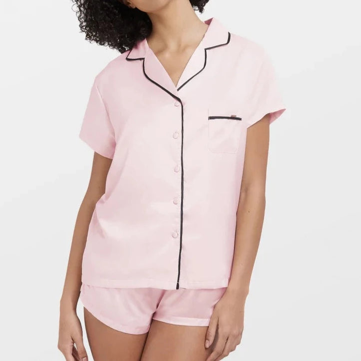 31597 Abigail Luxury Satin Short Pajama Set | Pale Pink/Black