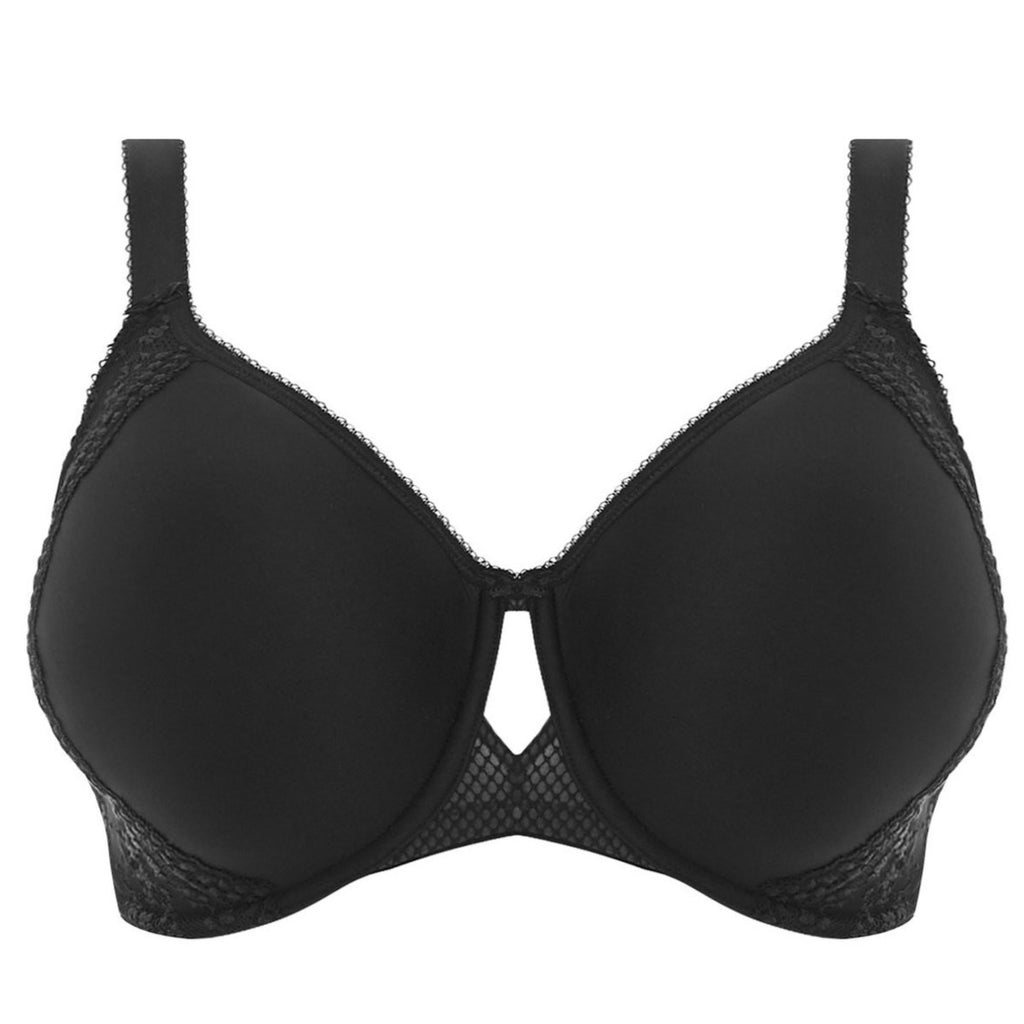 Black t shirt bra with comfortable support up to (US) L Cup. Stretch lace on sides of cups conceals interior support panel. Cut out center detail makes this an  on trend lingerie drawer essential.  Flat.