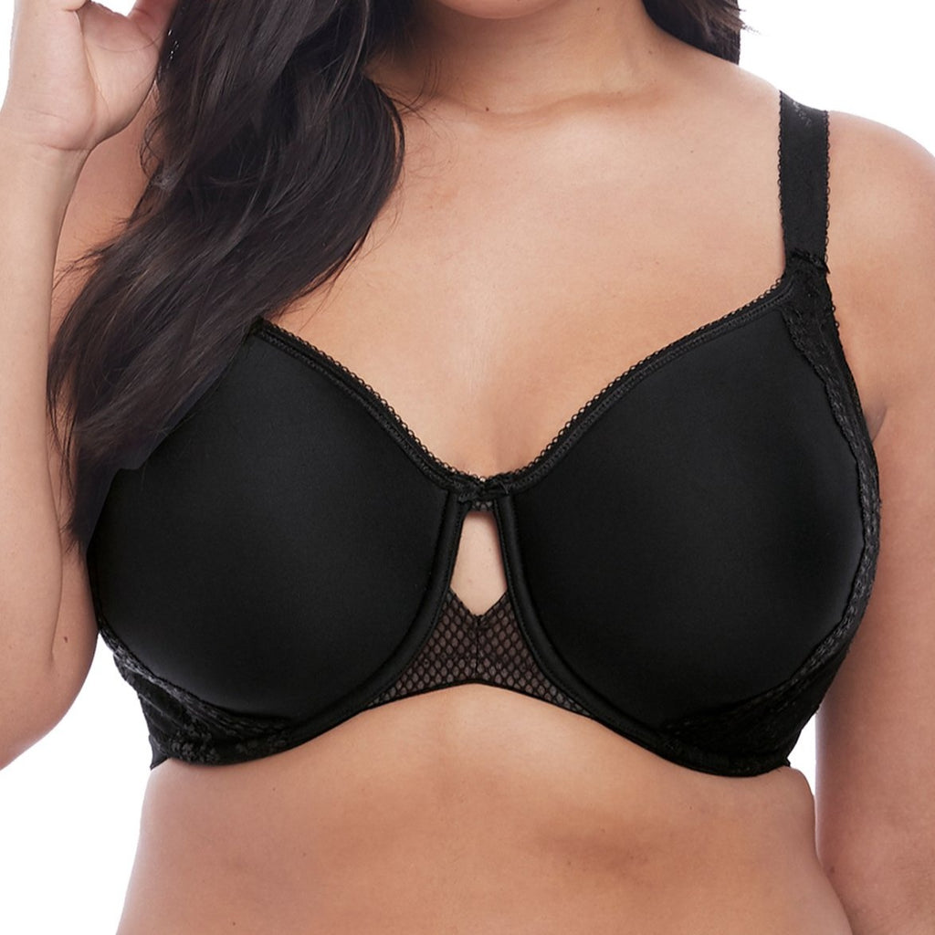 Black t shirt bra with comfortable support up to (US) L Cup. Stretch lace on sides of cups conceals interior support panel. Cut out center detail makes this an  on trend lingerie drawer essential. Front view on model.