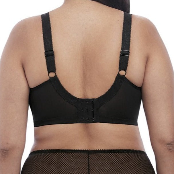 Black t shirt bra with comfortable support up to (US) L Cup. Stretch lace on sides of cups conceals interior support panel. Cut out center detail makes this an  on trend lingerie drawer essential. Back view.
