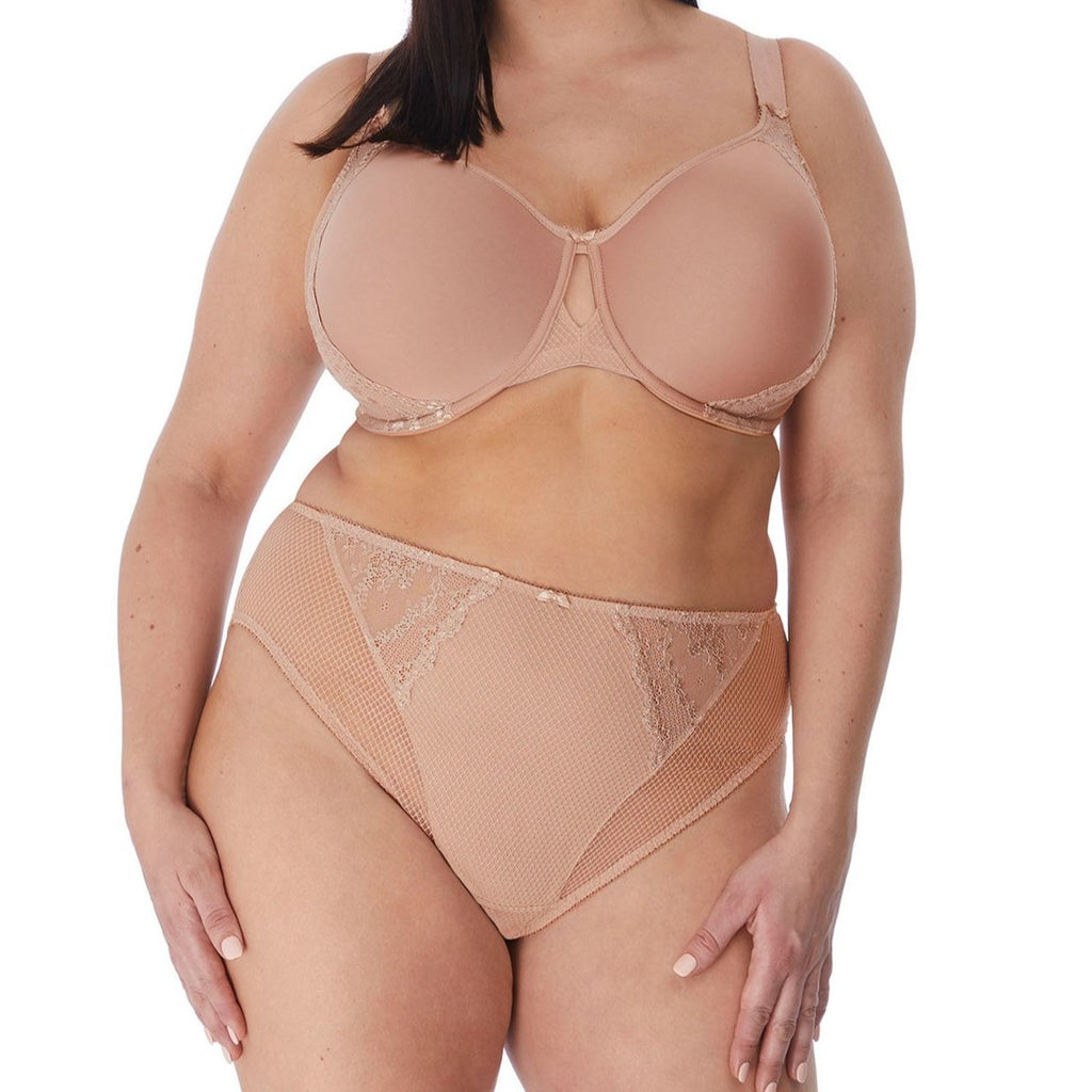 •	Beige t shirt bra with comfortable support up to (US) L Cup. Stretch lace on sides of cups conceals interior support panel. Cut out center detail makes this an  on trend lingerie drawer essential. Front full view
