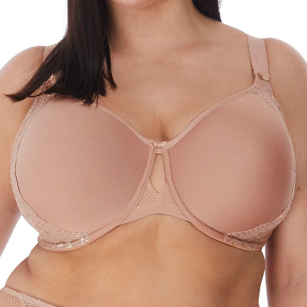 •	Beige t shirt bra with comfortable support up to (US) L Cup. Stretch lace on sides of cups conceals interior support panel. Cut out center detail makes this an  on trend lingerie drawer essential. Front vies