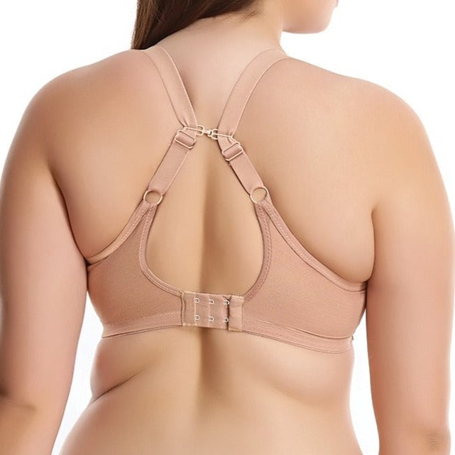 Sheer plunge underwire bra in café au lait beige is a lingerie drawer essential. Embroidered bead detail makes this basic shine! The low center front gives this plunge-style bra cleavage enhancement without added padding. The three-section cup with side panel gives forward shape, separation and excellent lift. Versatile moveable J-hook fastening allows the back to be converted easily and quickly to a racer-back style.  Back view shown.