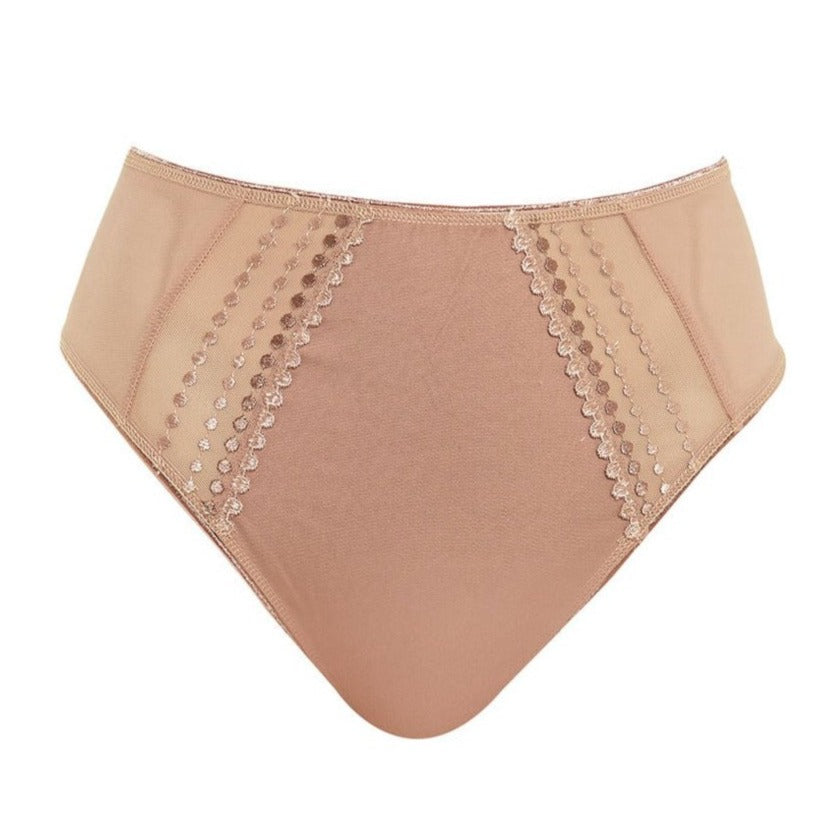 Fuller coverage brief in sheer beige tulle.with a soft cotton jersey front lined panel for modesty. Bead embroidery accents make this anyting but basic. You will want to FLAUNT your curves in Matilda panties,  the ultimate lingerie wardrobe foundation.   Beige brief shown on white background. 