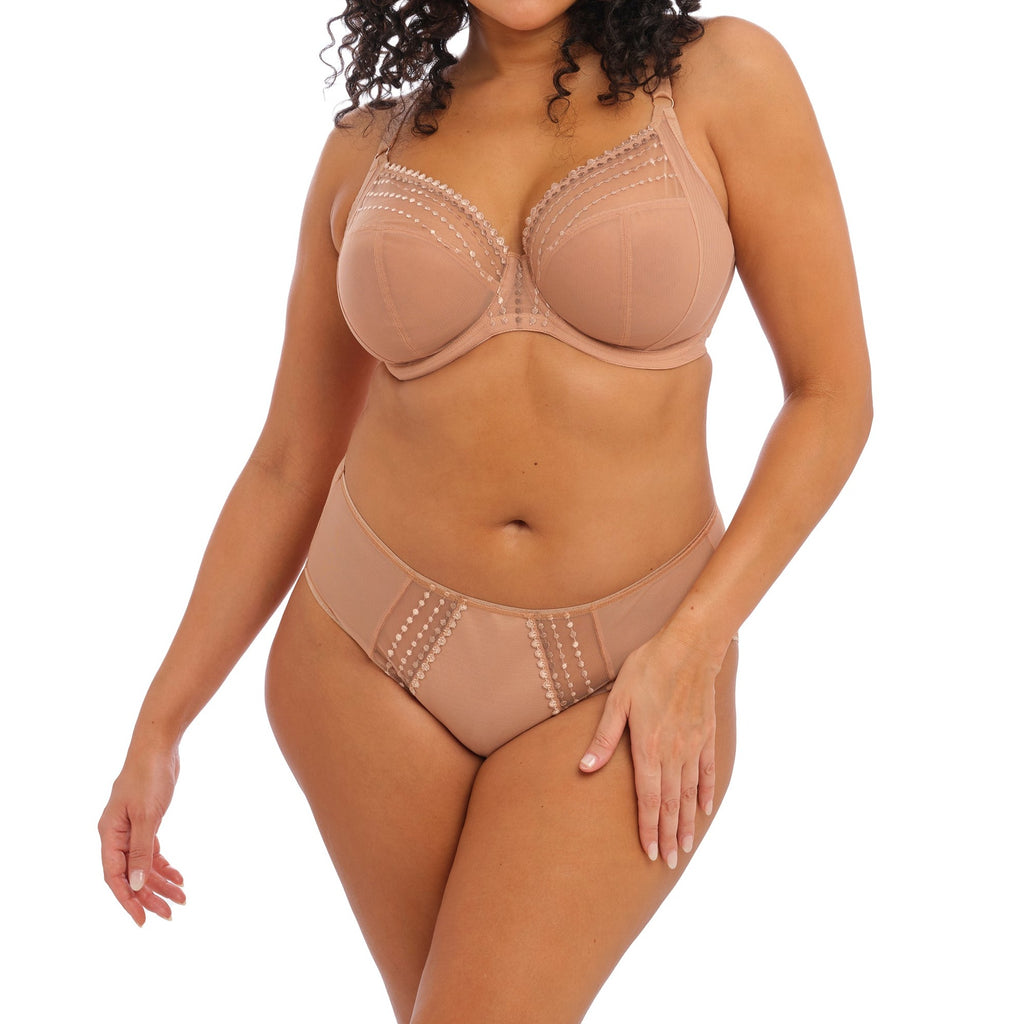 Fuller coverage brief in sheer beige tulle.with a soft cotton jersey front lined panel for modesty. Bead embroidery accents make this anyting but basic. You will want to FLAUNT your curves in Matilda panties,  the ultimate lingerie wardrobe foundation.   Matilda bra and brief set shown on model. 