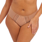 Fuller coverage brief in sheer beige tulle.with a soft cotton jersey front lined panel for modesty. Bead embroidery accents make this anyting but basic. You will want to FLAUNT your curves in Matilda panties,  the ultimate lingerie wardrobe foundation. Front view shown on model.