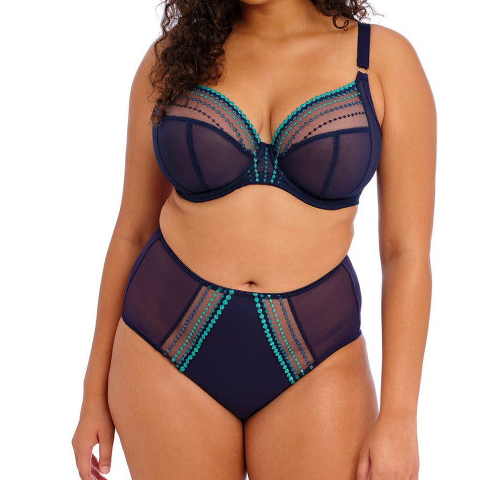 Flaunt your curves in Matilda Siren Song from Elomi! Your confidence will shine in this gorgeous navy blue tulle pantie with mermaid inspired contrasting trim. When paired with the Matilda Siren Song bra you have the ultimate coordinated bra and pantie set. Visit Muse Intimates in Tulsa, Oklahoma or online to see this and other styles designed for comfort, support and style. Bra and pantie sold separately.  Full lingerie set shown.