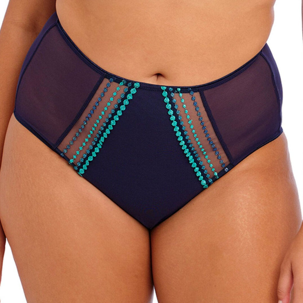 Your confidence will shine in this gorgeous navy blue tulle pantie with mermaid inspired contrasting trim. When paired with the Matilda Siren Song bra you have the ultimate coordinated bra and pantie set. Visit Muse Intimates in Tulsa, Oklahoma or online to see this and other styles designed for comfort, support and style.  Front view.