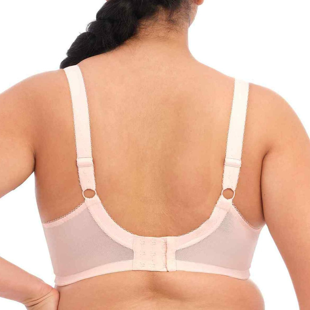 Achieve a rounded, lifted, centered shape with a super comfortable and supportive bra from Elomi. Design features 3-piece cups with additional side support, fully adjustable straps and stretch lace for easy fit. Ballet pink is a beautiful color complimenting all skin tones. Center bow detail.. Back view on model.