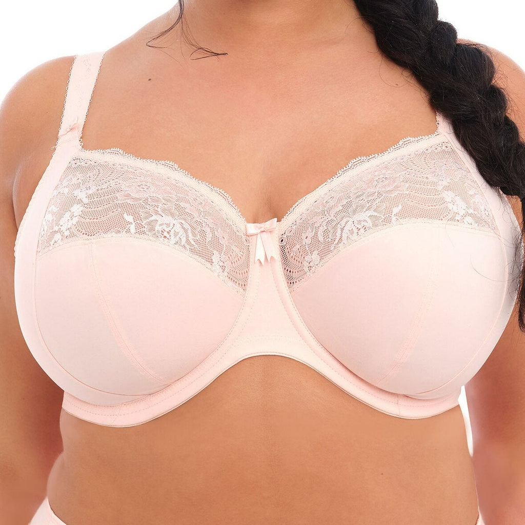 Achieve a rounded, lifted, centered shape with a super comfortable and supportive bra from Elomi. Design features 3-piece cups with additional side support, fully adjustable straps and stretch lace for easy fit. Ballet pink is a beautiful color complimenting all skin tones. Center bow detail. Front view on model