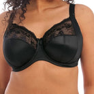 A black Elomi Morgan Stretch Banded Bra with a 3-piece cup design, side support, adjustable straps, and lace detailing.