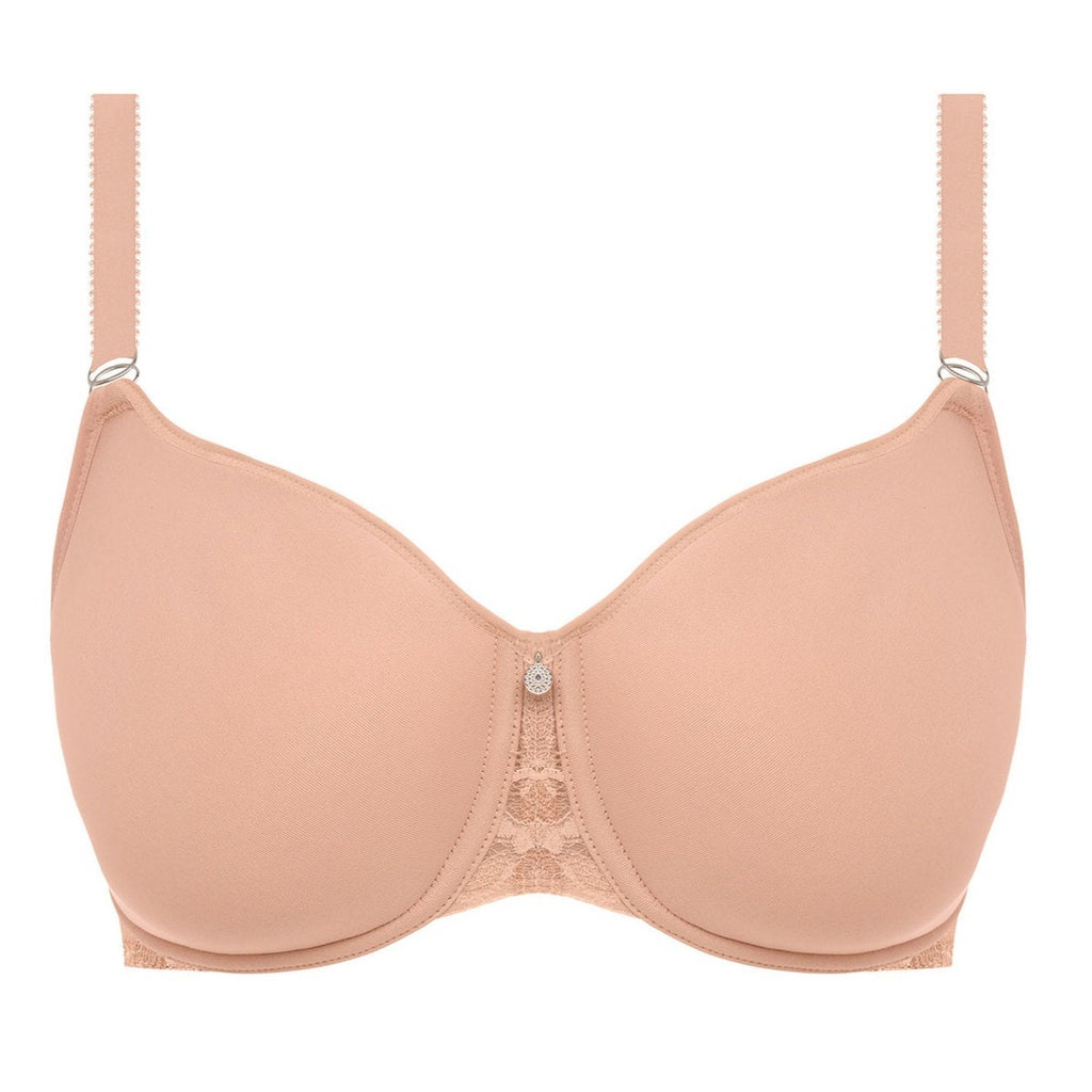 •	Light beige smooth cup t shirt bra designed for a smooth line under clothing. Bandless style,no cradle, for a lighter look. Wide wired for additional comfort and support. Spacer mould offers great shape and fit with full breast coverage in cup without adding volume. Tow back with angled rings to give center pull straps provide added support and to prevent strap slippage Fully adjustable peach skin shoulder straps. Modern silver ring apex detail and silver charm at the center front