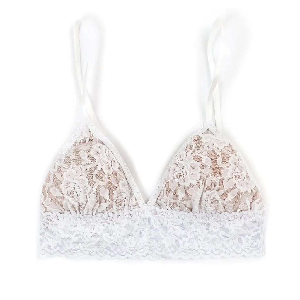 White padded triangle bralette in Hanky Panky Signature Lace • Lined in mocha stretch tulle • Offers light support • Removable pads • Fits AA to B cups best • Bralette has no back closure and slips on over the head. Bridal shower gift idea . Coordinate with 4810T2 Mrs. Thong . 4811 or 4911 Hanky Panky Signature Lace Thong