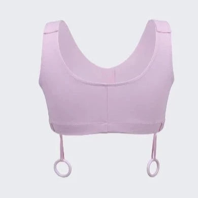Pink post surgery bra. Recommended by surgeons following mastectomy with and without reconstruction, lumpectomy, cardio thoracic surgery. Soft performance fabric, velcro front, adjustable side openings and loops for surgery drain management. Pocketed lining can hold a breast form or ice pack. Product view-back..