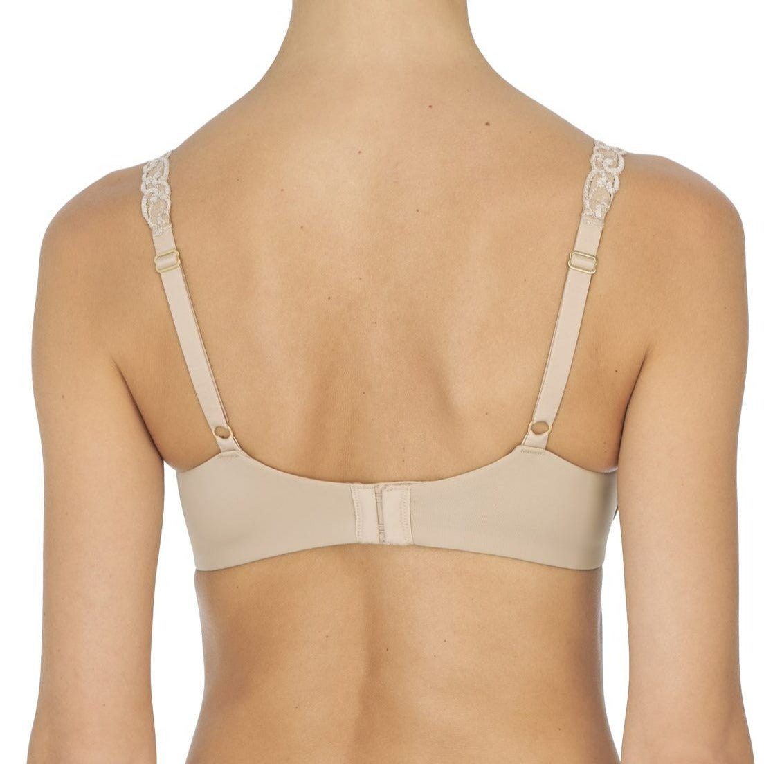 Best selling t shirt bra. Smooth cups and band of comfortable, soft microfiber. Wider straps, full coverage shown in cafe beige. 732080 Pure Luxe t-shirt bra by Natori. Back View.