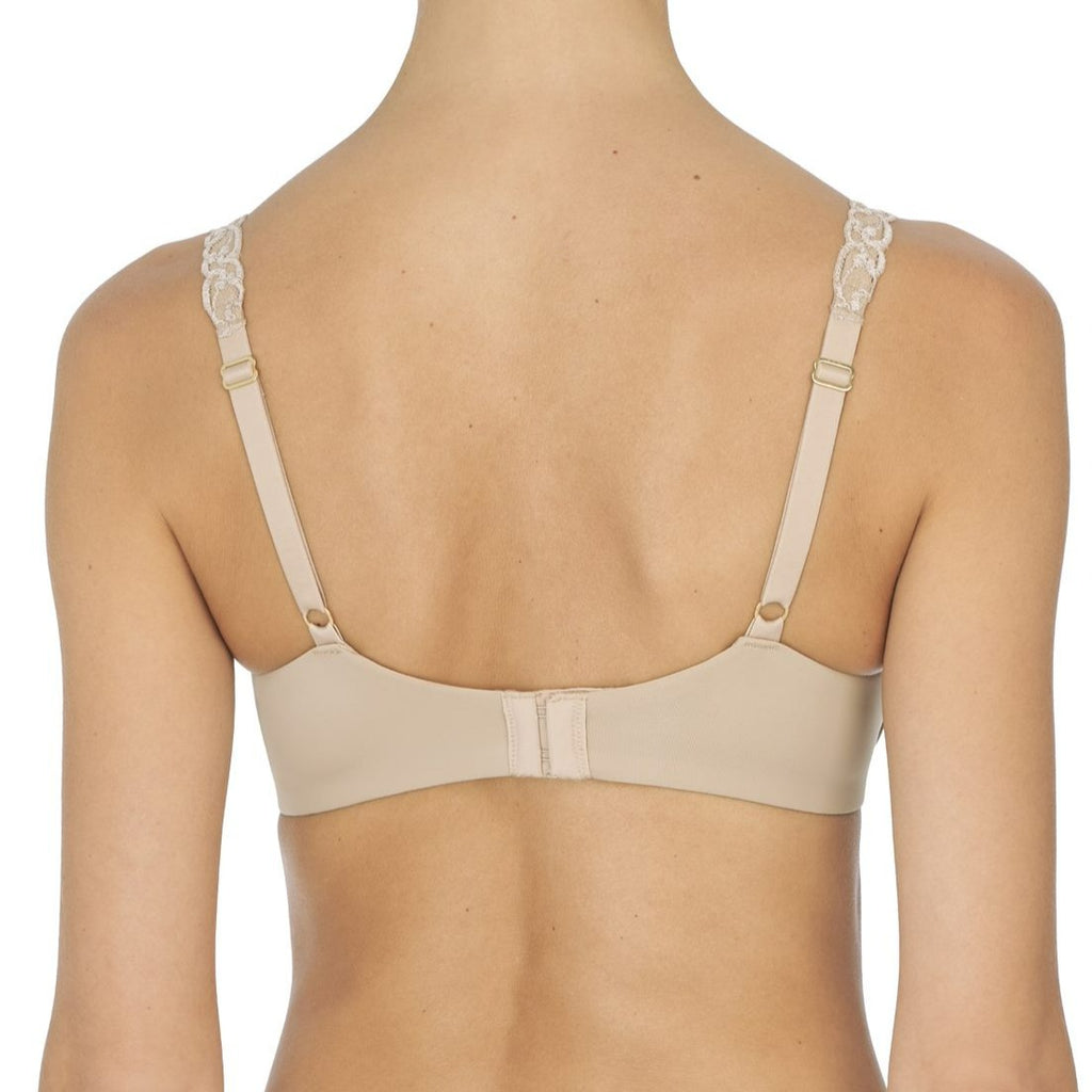Best selling t shirt bra. Smooth cups and band of comfortable, soft microfiber. Wider straps, full coverage shown in cafe beige. 732080 Pure Luxe t-shirt bra by Natori. Back View.