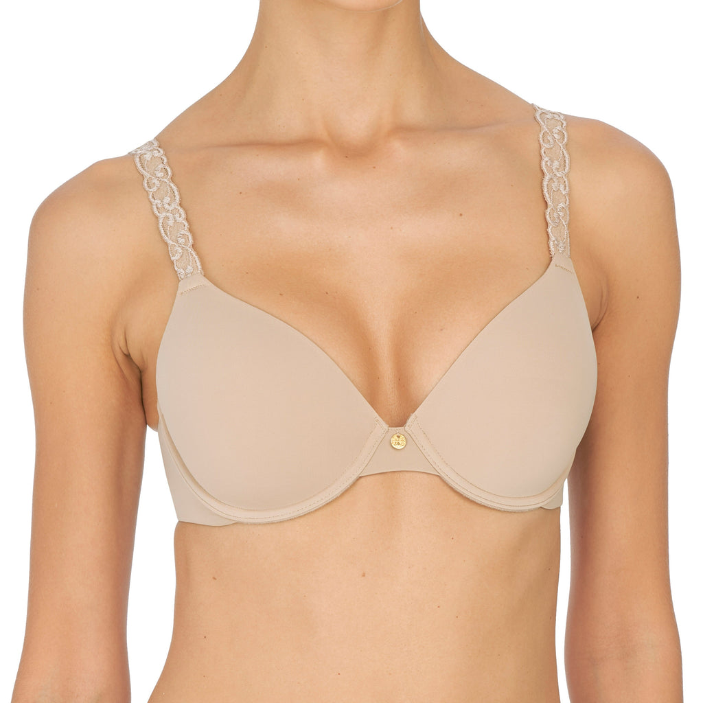 Best selling t shirt bra. Smooth cups and band of comfortable, soft microfiber. Wider straps, full coverage shown in cafe beige. 732080 Pure Luxe t-shirt bra by Natori. FrontView.