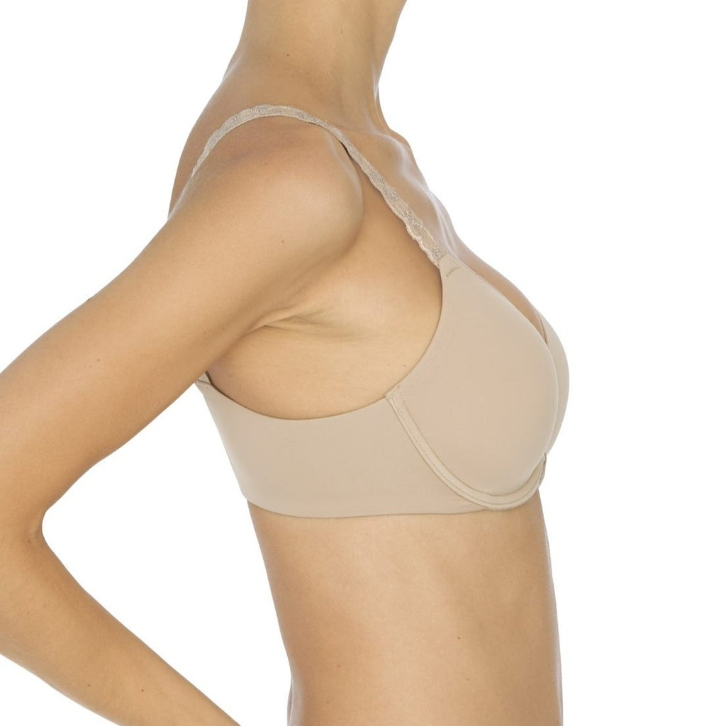 Best selling t shirt bra. Smooth cups and band of comfortable, soft microfiber. Wider straps, full coverage shown in cafe beige. 732080 Pure Luxe t-shirt bra by Natori.Side view