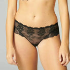 Black lace boyshort pantie. Floral and modern graphic lace. Elegant and feminine. Lace and tulle shorty. Lace front. Back in seamless folded tulle for invisible wear.