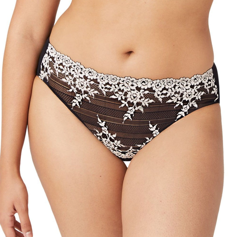 64391 Embrace Lace Bikini in Black Beautiful and comfortable too, our Embrace Lace Bikini is the perfect addition to your lingerie collection. •	Full coverage bikini •	Lace front with sheer mesh back •	Sewn-in cotton gusset Fabric content: Body: 82% Nylon/18% Spandex; Lace: 48% Polyester/41% Nylon/11% Spandex; Crotch Lining:100% Cotton