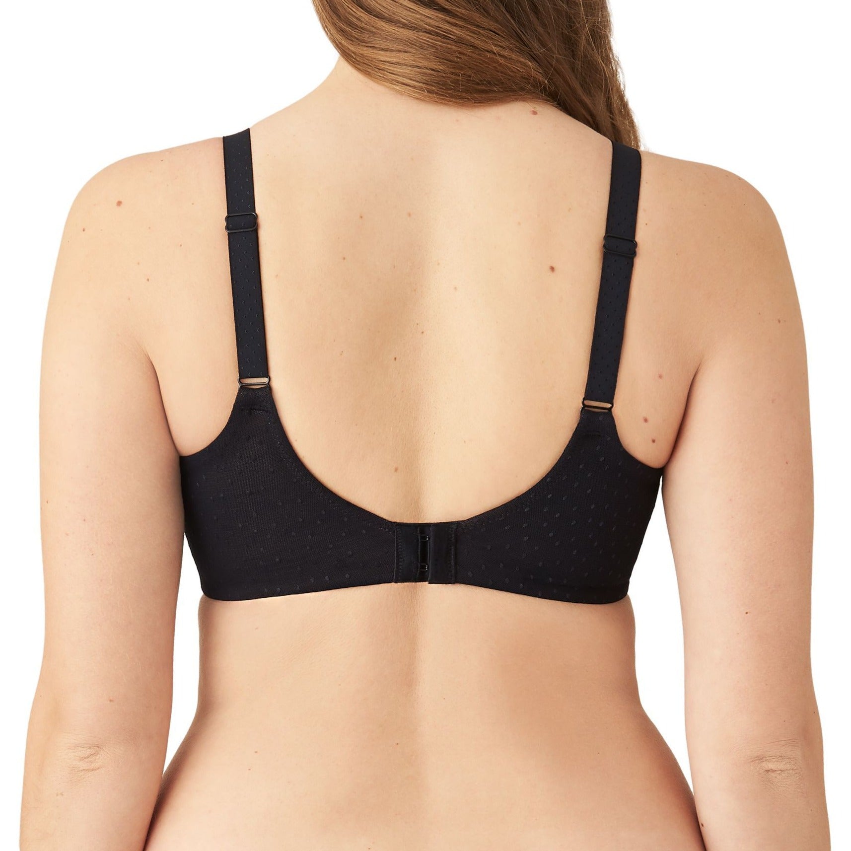 Wacoal 855303 Back Appeal Underwire Bra in Black •	Back and side smoothing underwire bra •	Supportive cups covered with pretty dot jacquard fabric with accent sheen •	Hidden sling in cups for added support •	Microthin spacer fabric band designed to minimize back and side bulge concealed with pretty dot jacquard fabric •	Fully adjustable straps with matching dot detail •	Hook-and-eye back closure