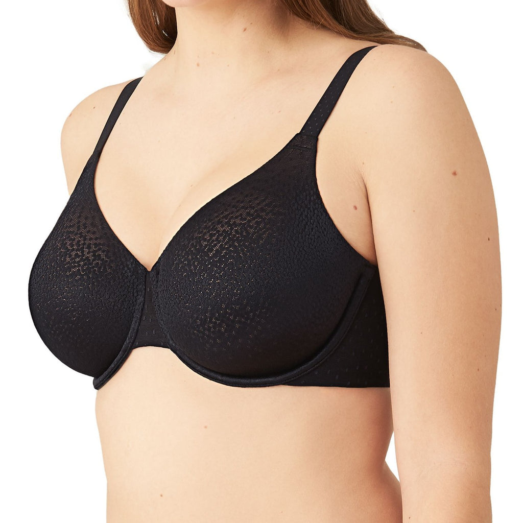 Wacoal 855303 Back Appeal Underwire Bra in Black •	Back and side smoothing underwire bra •	Supportive cups covered with pretty dot jacquard fabric with accent sheen •	Hidden sling in cups for added support •	Microthin spacer fabric band designed to minimize back and side bulge concealed with pretty dot jacquard fabric •	Fully adjustable straps with matching dot detail •	Hook-and-eye back closure