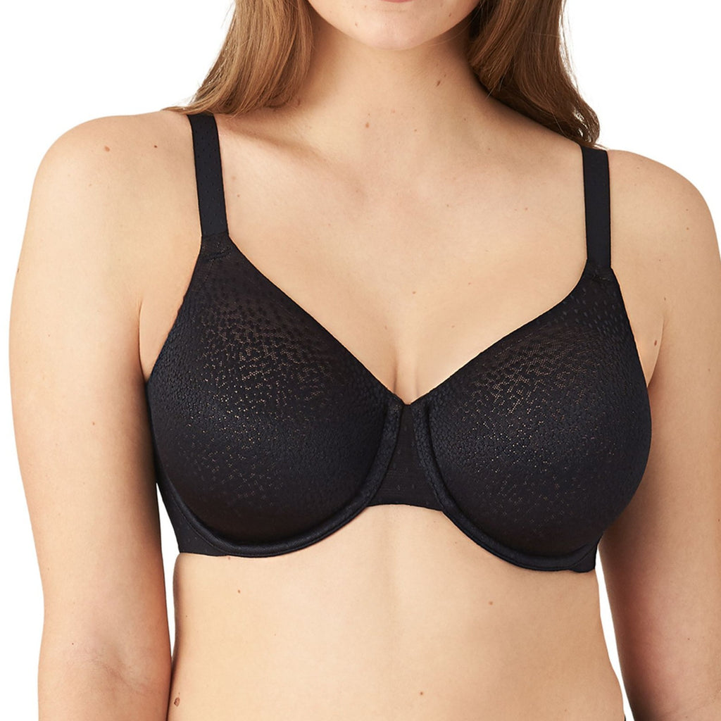 Wacoal 855303 Back Appeal Underwire Bra in Black •	Back and side smoothing underwire bra •	Supportive cups covered with pretty dot jacquard fabric with accent sheen •	Hidden sling in cups for added support •	Microthin spacer fabric band designed to minimize back and side bulge concealed with pretty dot jacquard fabric •	Fully adjustable straps with matching dot detail •	Hook-and-eye back closure