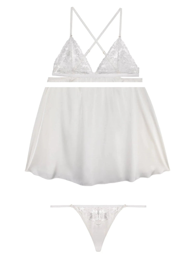 Lola White Satin Babydoll and Thong Set